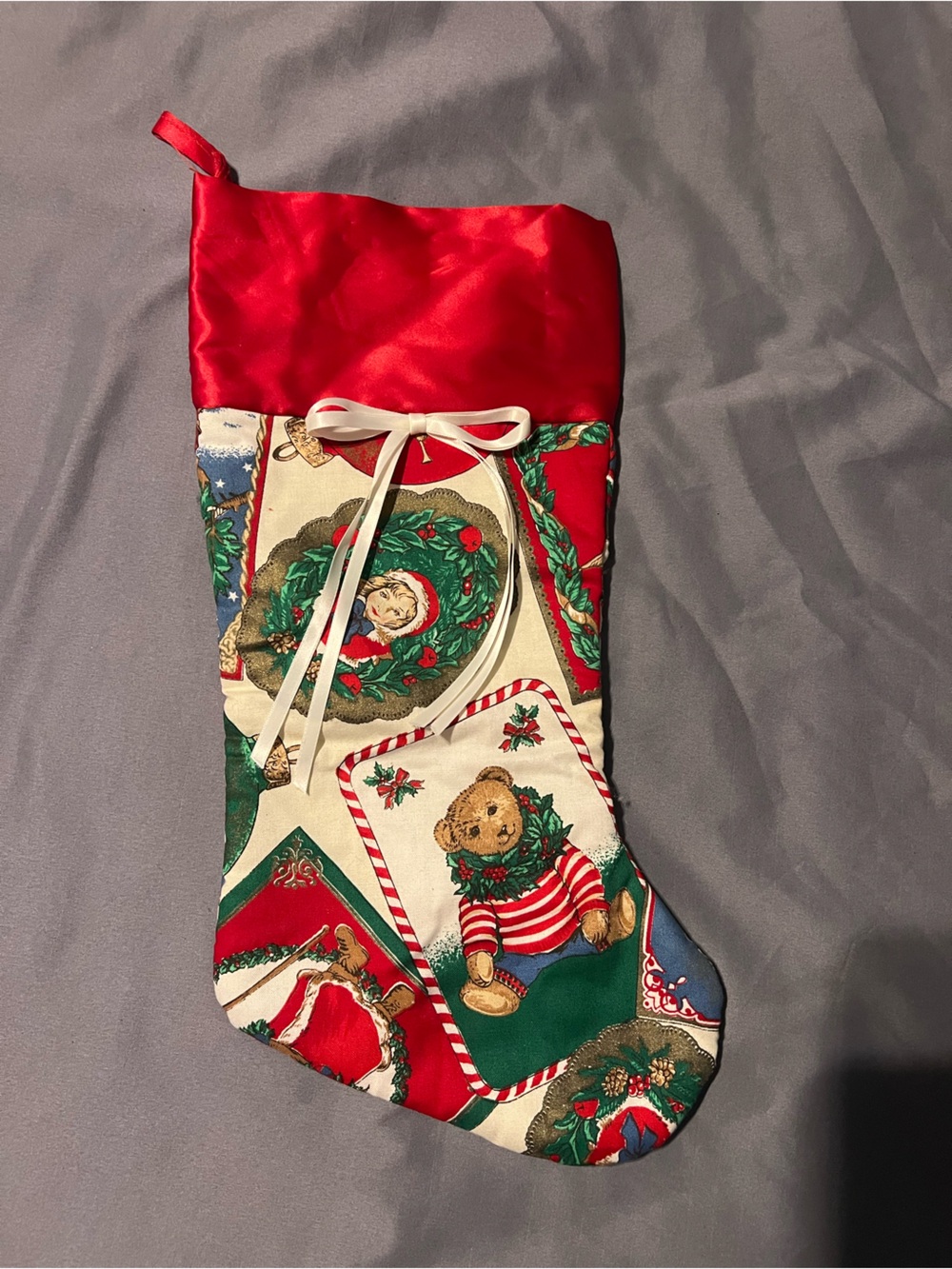 Vintage handmade Teddy Bear Christmas stocking wreath doll cottage core granny